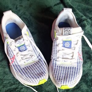 Nike White and Blue Athletic Shoes with Neon Highlights